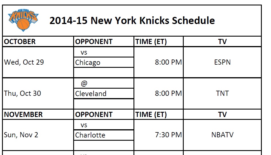 2014 15 New York Knicks Schedule PrinterFriendly