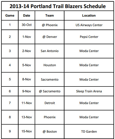 2013 14 Portland Trailblazers Schedule PrinterFriendly