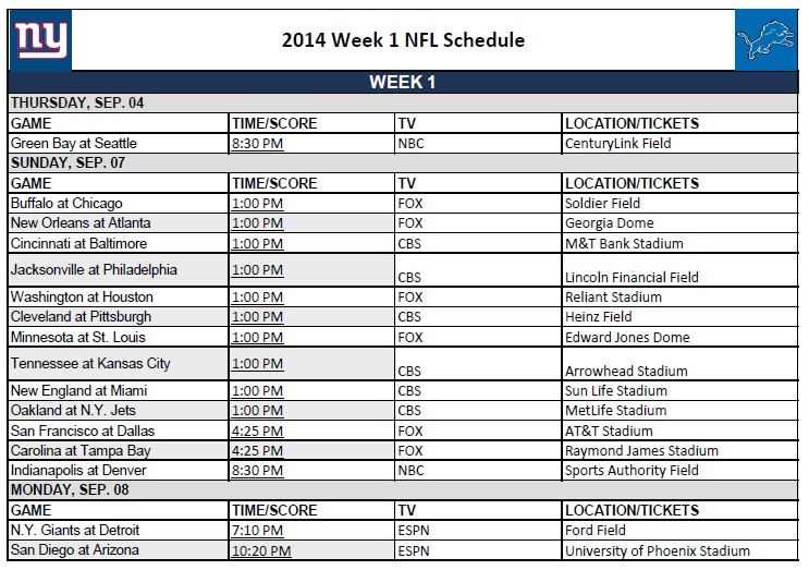 NFL Schedule Week 1 Printerfriend ly