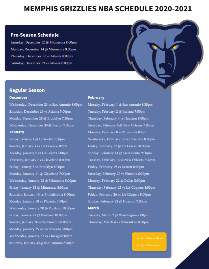 Printable Memphis Grizzlies schedule for 202021 NBA season